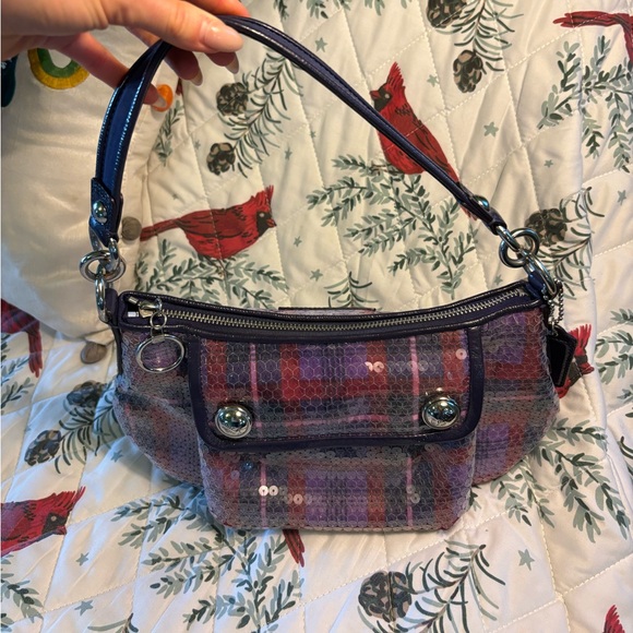 Coach Poppy sequins shimmer bag purple plaid shoulder purse special edition - Picture 4 of 12